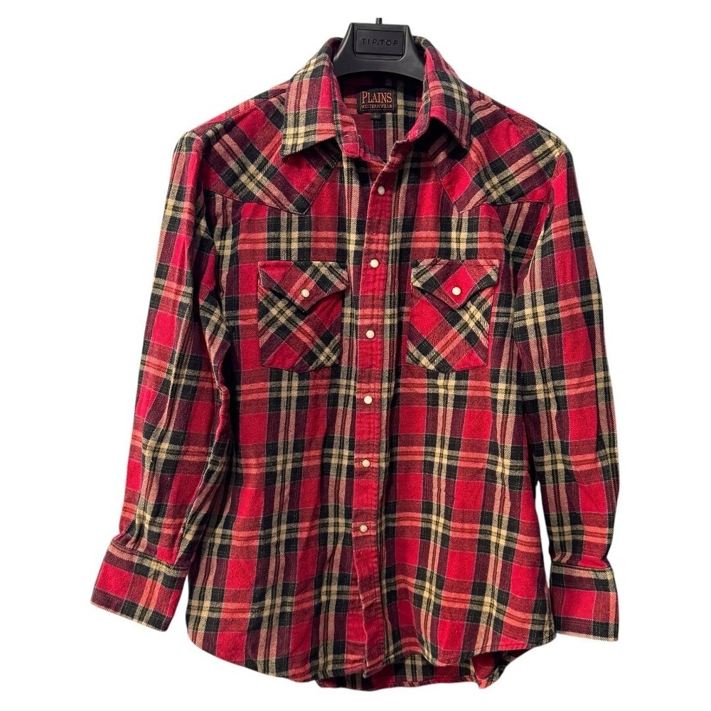 Plains Western Wear Pearl Snap Flannel Shirt Mens sz Large Red Plaid Long Sleeve